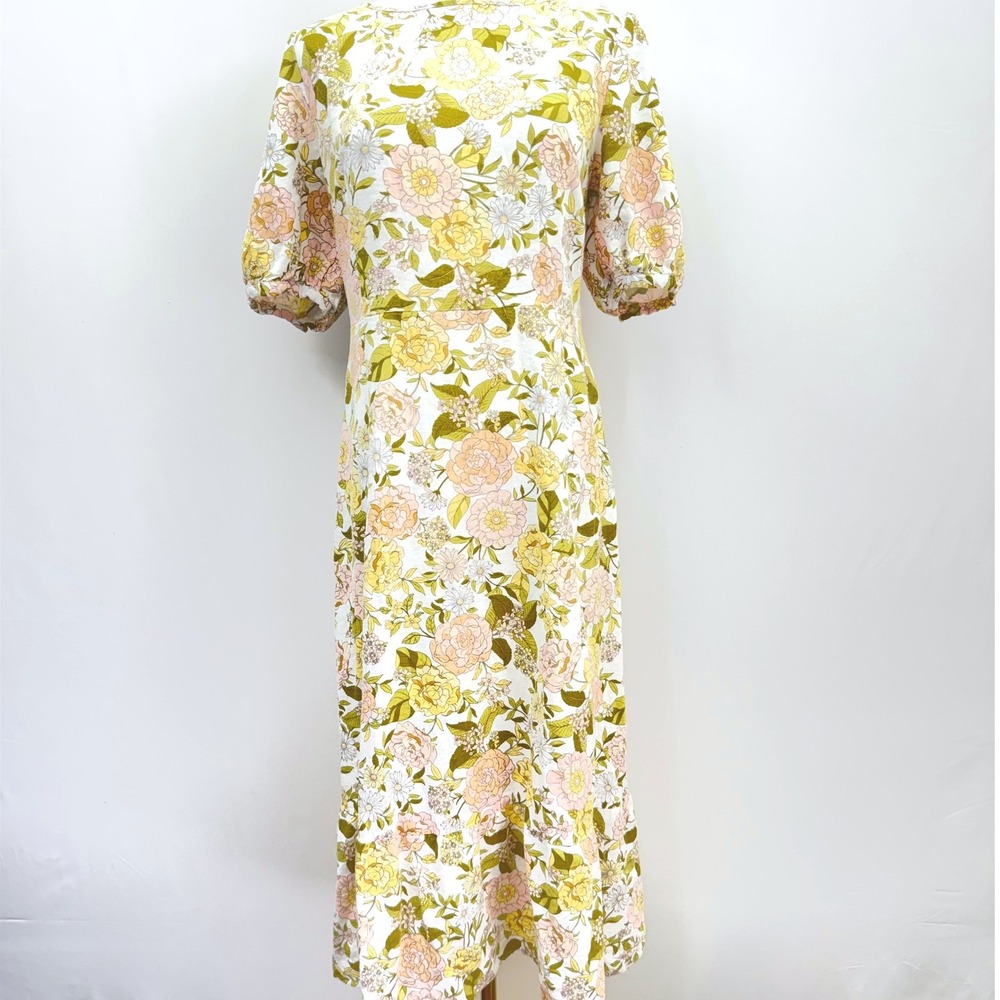 Who What Wear Linen Rayon Blend Floral Midi Dress Open Back Tie‎ Puff Sleeve M